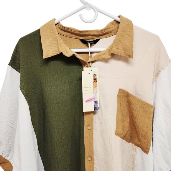 Colorblock Button-Up Short-Sleeve Shirt Women Size 2XL Dokotoo Green Beige White - Picture 4 of 8